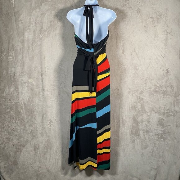 Vintage Y2K Wet Seal Maxi Dress Size L Retro Colorful Halter Tie Stretch V Neck - Picture 9 of 16